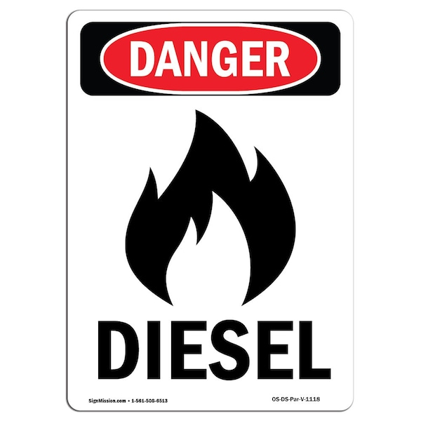 Safety Sign, OSHA Danger, 5" Height, Diesel, Portrait, DS-D-35-V-1118-10PK